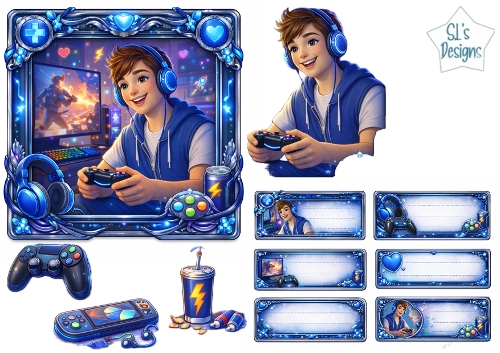 Cool Gamer Boy Blue Headphones Gaming Card Kit