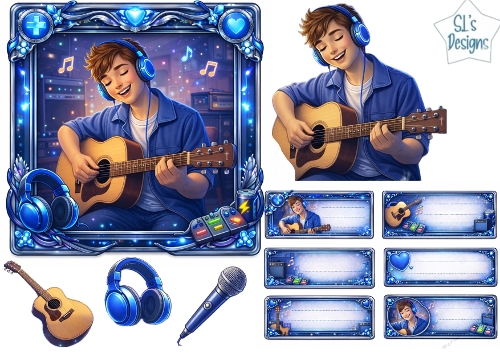 Cool Guitar Boy Blue Studio Music Card Kit