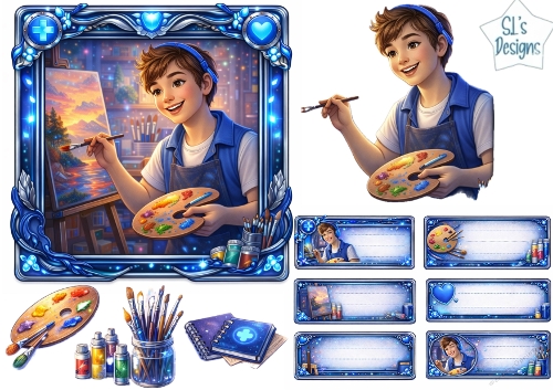 Cute Art Boy Painting Blue Studio Card Kit