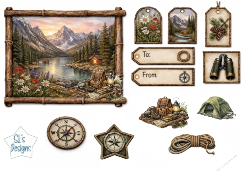 Mountain Sunset Cabin Camping Gift Tags & Rustic Adventure Labels Printable Sheet