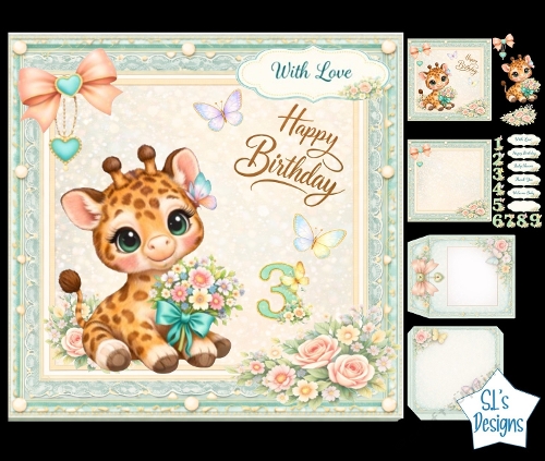 Cute Giraffe Birthday Card Kit with Flowers, Butterflies and Pastel Number Set