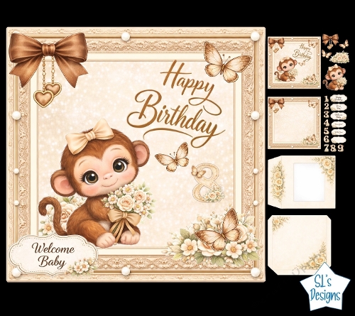 Cute Baby Monkey Birthday Card Kit with Flowers, Butterflies and Pastel Number Set