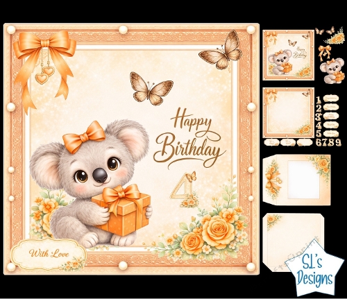Cute Koala Birthday Card Kit with Gift Box, Flowers and Pastel Number Set