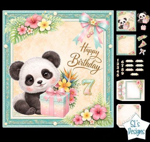 Cute Panda Birthday Card Kit with Tropical Flowers, Gift Box and Gold Number Set