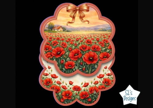 Scenic Poppy Field Layered Card Topper With Cottage & Golden Ribbon