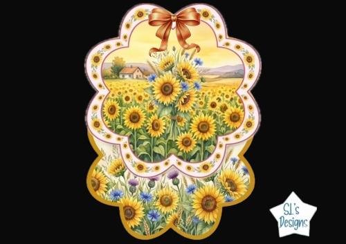 Sunflower Field Scenic Frame Topper With Cottage & Golden Ribbon