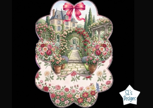 Romantic Rose Garden Archway Scenic Frame Topper With Cottage & Pink Bow