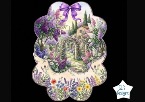 Lilac Garden Archway Scenic Frame Topper With Cottage & Purple Bow