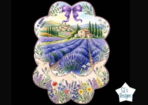 Lavender Field Countryside Scenic Frame Topper With Cottage & Purple Bow