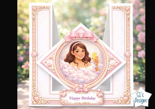 Glam Bubble Bath Birthday Card Topper With Champagne & Pink Accents