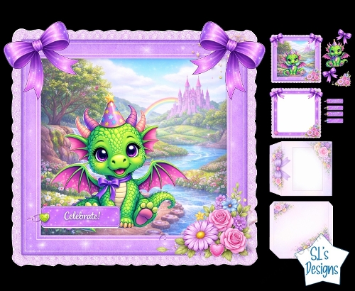 Cute Baby Dragon Card Kit with Rainbow, Castle Scene and Purple Floral Frames