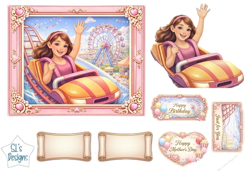 Funfair Roller Coaster Girl – Birthday, Mothers Day & Just for You Card Topper Set