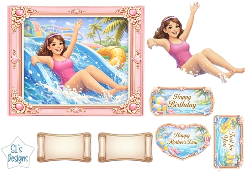 Water Park Slide Girl – Birthday, Mothers Day & Just for You Card Topper Set