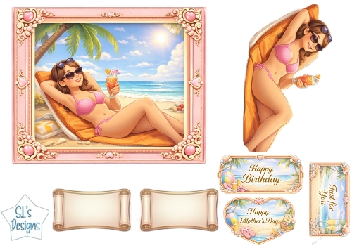 Beach Relaxation Lady – Summer Birthday, Mothers Day & Just for You Card Topper Set