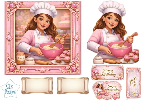 Cute Lady Baker – Birthday, Mothers Day & Just for You Card Topper Set