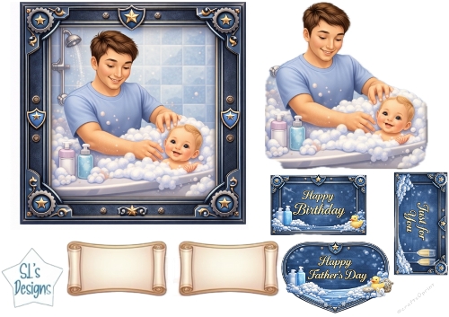 Father Bathing Baby – Birthday, Fathers Day & Just for You Card Topper Set