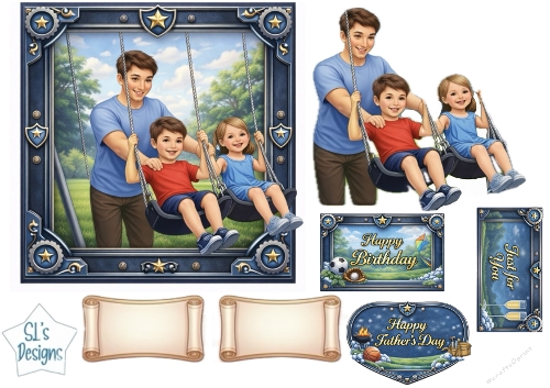 Father Pushing Kids on Swing – Birthday, Fathers Day & Just for You Card Topper Set
