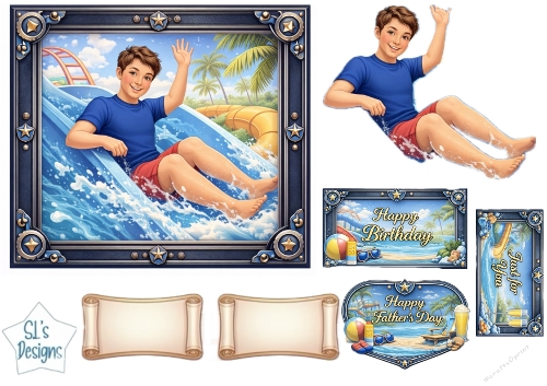 Water Slide Boy – Summer Birthday, Fathers Day & Just for You Card Topper Set