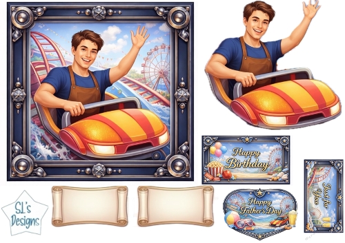 Bumper Car Funfair Boy – Birthday, Fathers Day & Just for You Card Topper Set