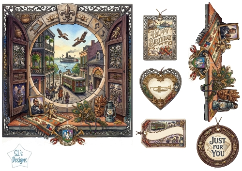 New Orleans Jazz Street Scene – Birthday, Just for You & Cultural Card Topper Set