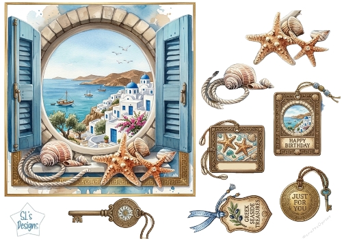 Greek Seaside Window View – Birthday, Just for You & Nautical Card Topper Set