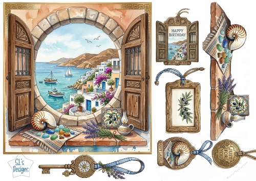 Mediterranean Coastal Window View – Birthday, Just for You & Scenic Card Topper Set