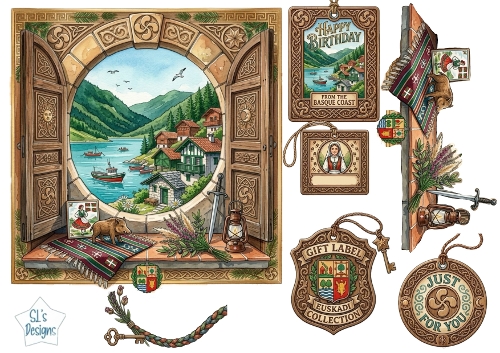 Basque Coastal Village Window View – Birthday, Just for You & Cultural Card Topper Set