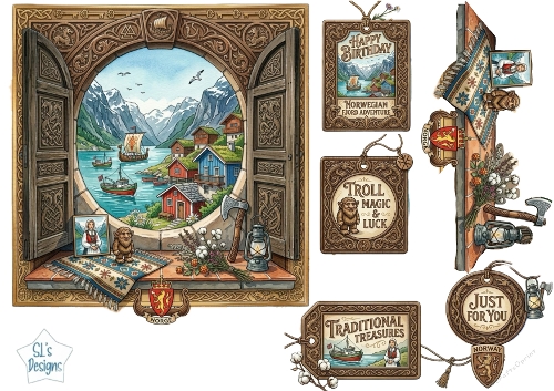 Norwegian Fjord Window View – Birthday, Just for You & Cultural Card Topper Set