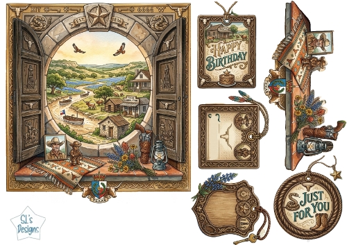 Texas Western Landscape Window View – Birthday, Just for You & Rustic Card Topper Set