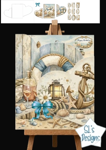 Nautical Happy Birthday Pop Out Card Topper with Lighthouse, Seashells & Blue Bow