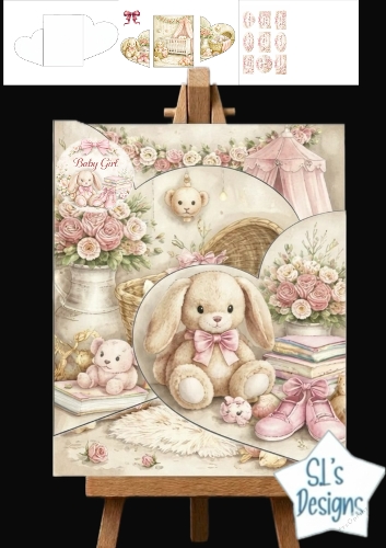 Baby Girl Pop Out Card Topper with Bunny, Teddy & Pink Nursery Decor