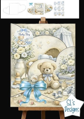 Baby Boy Pop Out Card Topper with Teddy, Blue Nursery Decor & Cute Baby Accessories