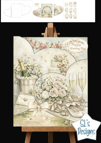 Wedding Day Pop Out Card Topper with Roses, Cake, Champagne & Heart Frames