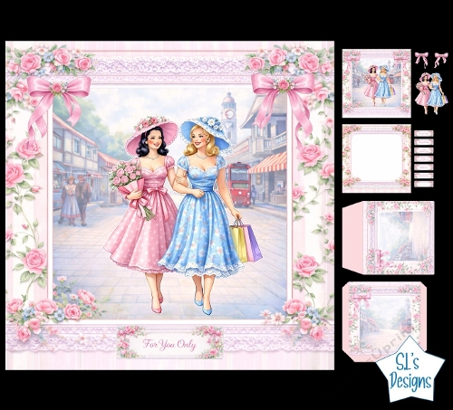 Vintage Ladies Shopping Card Kit, Pink Floral Frame Envelope Set, Retro Fashion 1950s Style Decoupage Kit