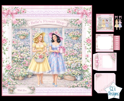 Vintage Floral Flower Shop Card Kit with Envelope Template, Shabby Chic Roses & Bows, Ladies Garden Scene Decoupage