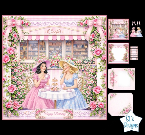 Vintage Shabby Chic Ladies Tea Party Card Kit, Floral Cafe Birthday Card, Elegant Roses Envelope & Toppers Set