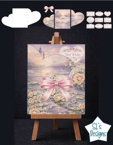   Elegant Vintage Wedding Card with Pink Ribbon, Floral Roses, Romantic Sunset Scene, 3D Decoupage Design