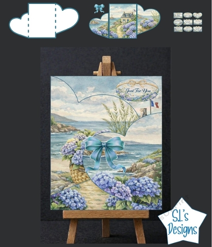 Coastal Hydrangea Seaside Card with Blue Bow, Romantic Ocean Scene, Just For You Greeting Card Kit
