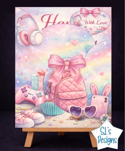 Cute Girls Birthday Card Kit with Backpack, Headphones & Gaming Theme – Pastel Rainbow  Decoupage Easel Card