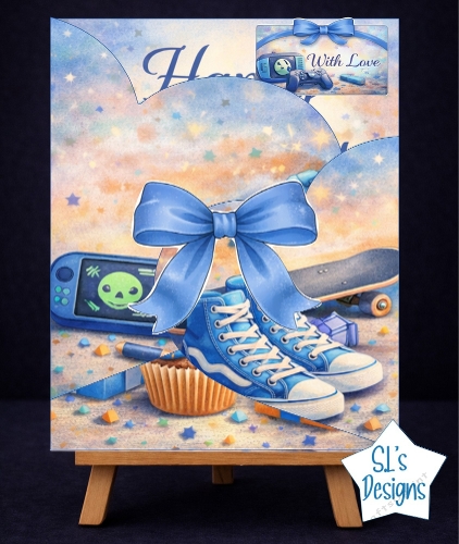 Boys Birthday Card Kit with Gaming Console, Sneakers & Skateboard – Cool Blue Decoupage Easel Card