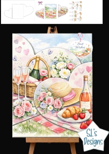 Romantic Floral Picnic Scene Card Topper with Champagne, Straw Hat and Roses