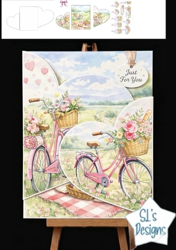 Countryside Bicycle Picnic Scene Card Topper with Flowers and Just For You Tag