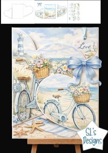 Coastal Bicycle and Lighthouse Card Topper with Flowers and Love Tag