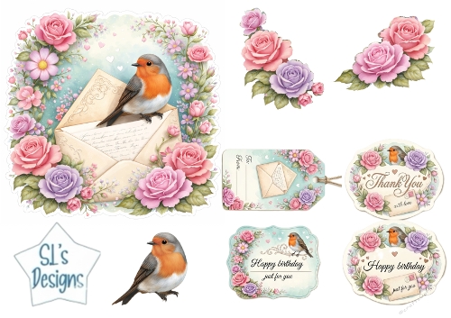 Robin with Floral Letters Card Topper Set with Tags and Sentiments
