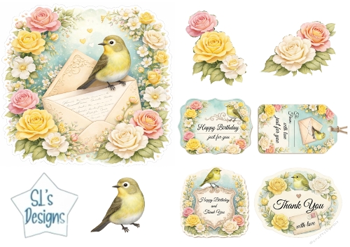 Pastel Bird and Floral Envelope Card Topper Set with Tags and Sentiments