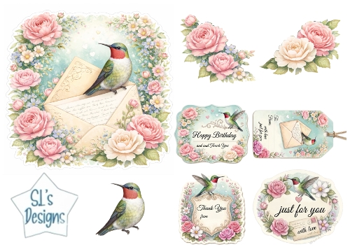 Hummingbird and Floral Envelope Card Topper Set with Tags and Sentiments