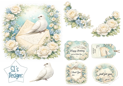 White Dove and Floral Envelope Card Topper Set with Tags and Sentiments