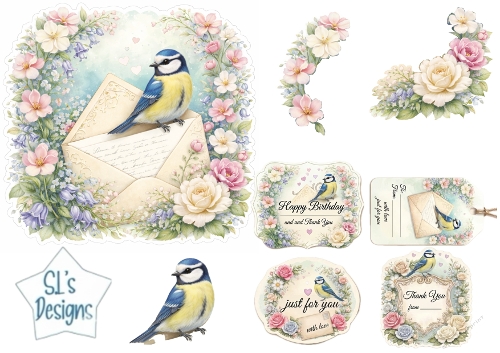 Blue Tit Bird and Floral Envelope Card Topper Set with Tags and Sentiments