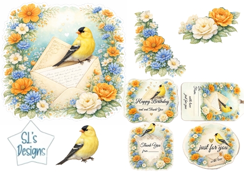 Yellow Bird and Floral Envelope Card Topper Set with Tags and Sentiments