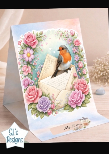 Romantic Robin and Floral Envelope Card Topper with My Love Sentiment